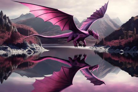 pink dragon flying over tranquil lake, created with generative aiの素材