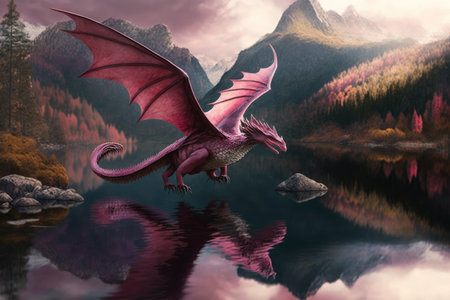 pink dragon flying over tranquil lake, created with generative aiの素材