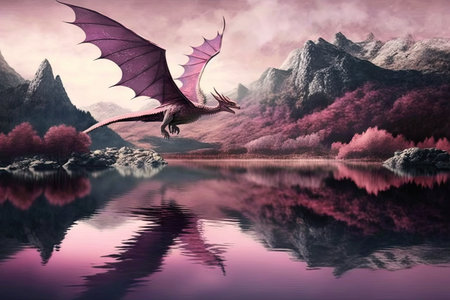 pink dragon flying over tranquil lake, created with generative aiの素材
