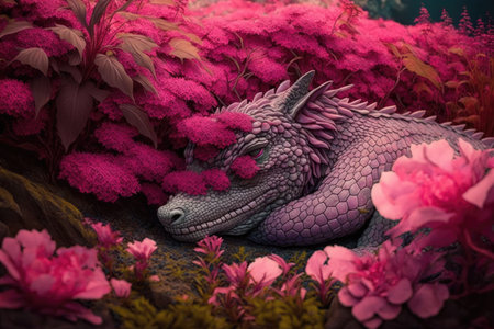 pink dragon sleeping in serene garden, surrounded by blooming flowers, created with generative aiの素材