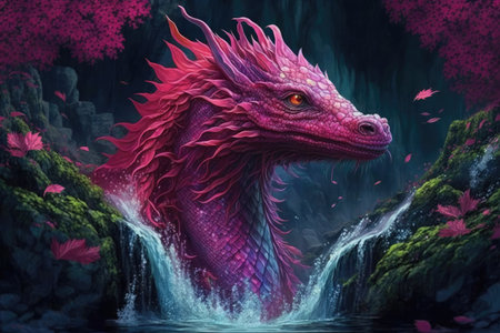 pink dragon, swimming in majestic waterfall, with its scales shining, created with generative aiの素材