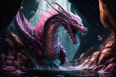 pink dragon, swimming in majestic waterfall, with its scales shining, created with generative aiの素材