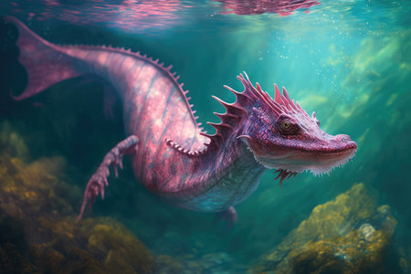 pink dragon swimming underwater, with its scales shimmering, created with generative aiの素材