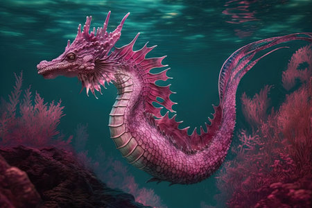 pink dragon swimming underwater, with its scales shimmering, created with generative aiの素材