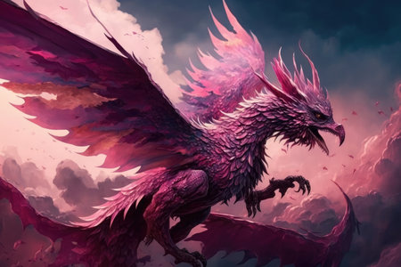 pink dragon in flight, its wings beating against the sky, created with generative aiの素材