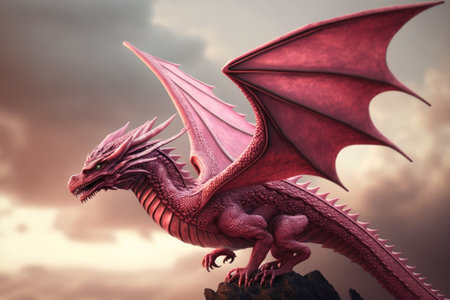 pink dragon in flight, its wings beating against the sky, created with generative aiの素材