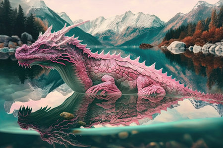 pink dragon swimming through crystal-clear lake, created with generative aiの素材