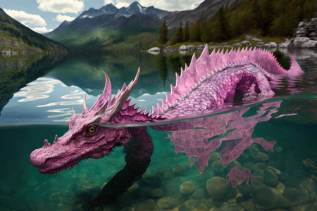 pink dragon swimming through crystal-clear lake, created with generative aiの素材