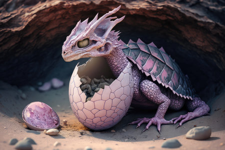 pink dragon hatching from its egg, surrounded by broken shells, created with generative aiの素材