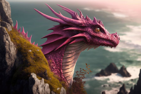 pink dragon with its head perched on the edge of cliff, surveying its domain, created with generative aiの素材