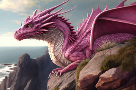 pink dragon with its head perched on the edge of cliff, surveying its domain, created with generative aiの素材