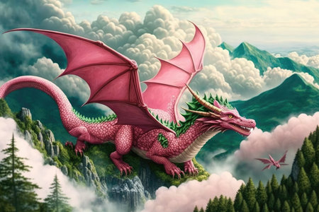 pink dragon soaring through the clouds, with view of lush green forest below, created with generative aiの素材