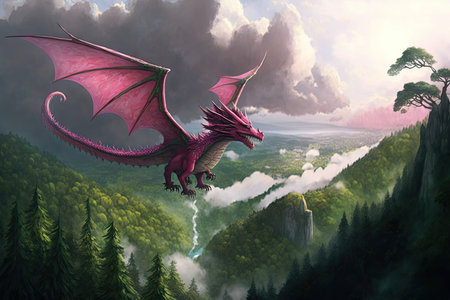pink dragon soaring through the clouds, with view of lush green forest below, created with generative aiの素材