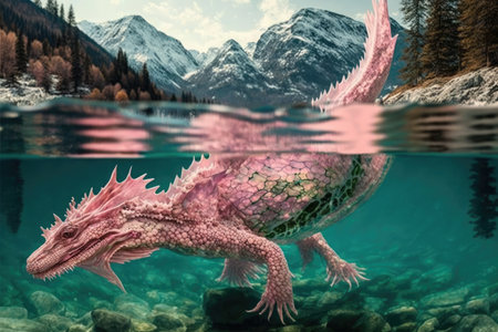 pink dragon diving into crystal-clear lake, created with generative aiの素材