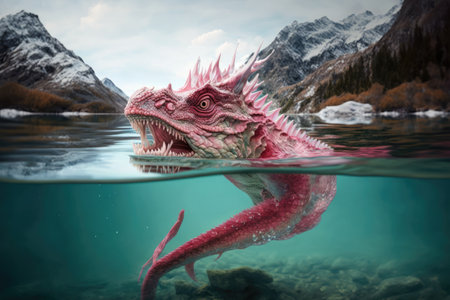 pink dragon diving into crystal-clear lake, created with generative aiの素材