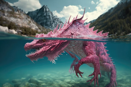 pink dragon diving into crystal-clear lake, created with generative aiの素材