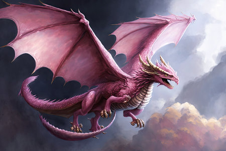 pink dragon soaring through the sky, its wings beating against the air, created with generative aiの素材