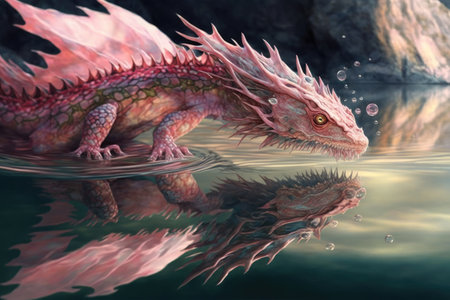 pink dragon, diving into crystal-clear lake, with its reflection visible in the water, created with generative aiの素材