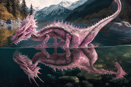 pink dragon, diving into crystal-clear lake, with its reflection visible in the water, created with generative aiの素材