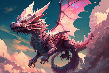 pink dragon flying through the sky, with clouds and sun in the background, created with generative aiの素材