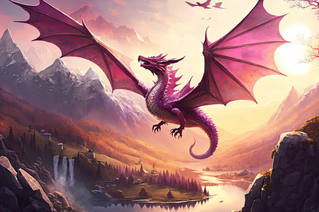 pink dragon soaring over peaceful valley, with sun shining behind it, created with generative aiの素材
