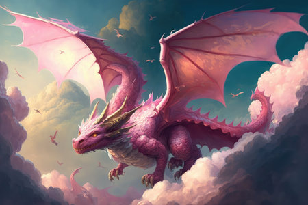 pink dragon soaring through the clouds, with view of its majestic kingdom visible in the background, created with generative aiの素材