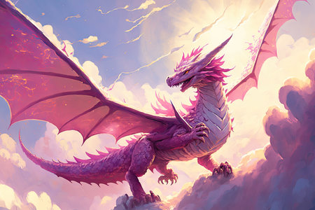 pink dragon, soaring over cloud-filled sky, with the sun shining down, created with generative aiの素材