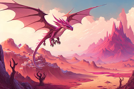 pink dragon flying over vast, pink-hued landscape, created with generative aiの素材