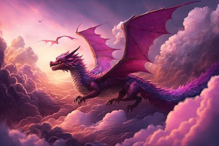 pink dragon flying through the clouds, with view of the sunset in the background, created with generative aiの素材