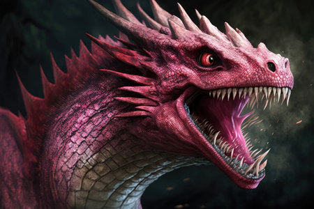 pink dragon roaring and baring its teeth, ready to attack, created with generative aiの素材
