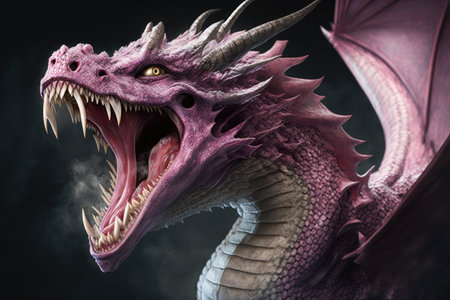 pink dragon roaring and baring its teeth, ready to attack, created with generative aiの素材
