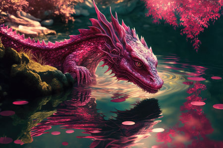 pink dragon swimming through tranquil pond, its scales glistening in the sun, created with generative aiの素材