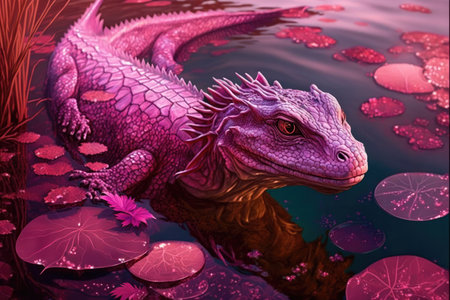 pink dragon swimming through tranquil pond, its scales glistening in the sun, created with generative aiの素材