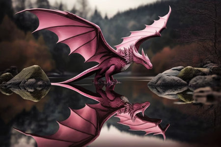 pink dragon flying over water, with reflection in the background, created with generative aiの素材