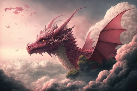 pink dragon soaring through the clouds, with view of its majestic kingdom visible in the distance, created with generative aiの素材