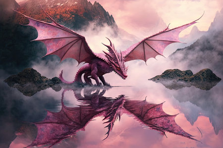 pink dragon flying above misty lake, its reflection visible below, created with generative aiの素材