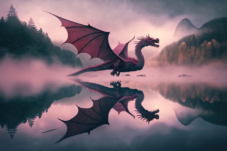 pink dragon flying above misty lake, its reflection visible below, created with generative aiの素材