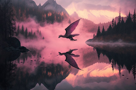pink dragon flying above misty lake, its reflection visible below, created with generative aiの素材