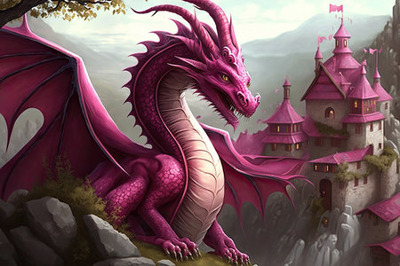 pink dragon descending upon peaceful village, bringing with it prosperity and happiness, created with generative aiの素材