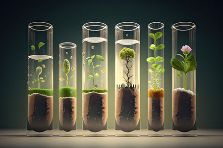 plant seeds growing and germinating in test tubes, with green shoots sprouting, created with generative aiの素材