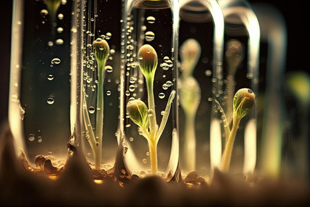 close-up of seeds germinating in test tubes, with droplets of water visible, created with generative aiの素材