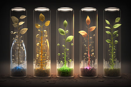 series of test tubes, each with a different seed, growing and sprouting in the lab, created with generative aiの素材