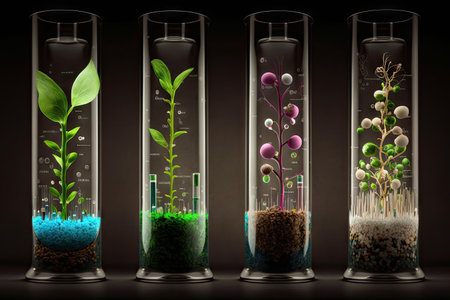 series of test tubes, each with a different seed, growing and sprouting in the lab, created with generative aiの素材