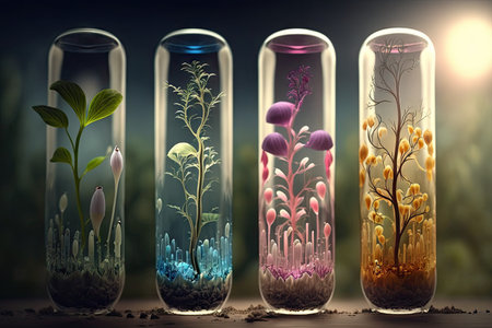 seeds sprouting in test tubes, growing into beautiful and colorful plants, created with generative aiの素材