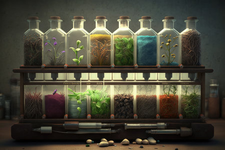a laboratory setting, with rows of test tubes containing different seeds and solutions, created with generative aiの素材