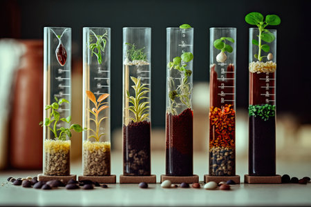 a variety of seeds and plants growing in test tubes in a classroom science lab, created with generative aiの素材