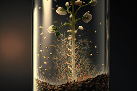 close-up of a test tube with seeds sprouting and spreading their roots, created with generative aiの素材