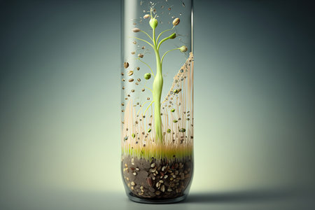 close-up of a test tube with seeds sprouting and spreading their roots, created with generative aiの素材