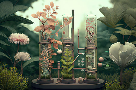 a botanical garden, with test tubes of seeds being planted and cared for, created with generative aiの素材