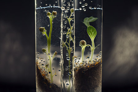 close-up of formation of roots and shoots in test tube with seeds, created with generative aiの素材